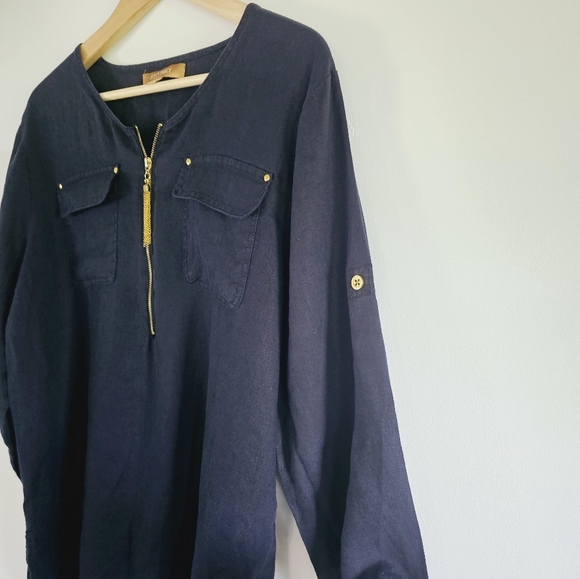 Ellen Tracy 100% Linen Hi-Low Blue Denim Women's Tunic Blouse Size L - Picture 6 of 10
